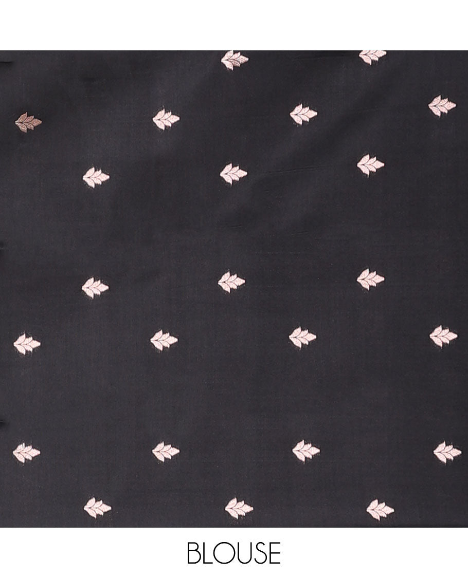 Borderless black butter silk saree with zari buttas, contrast pallu of intricate designs in zari
