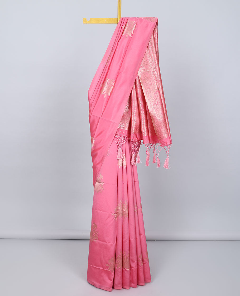 Borderless pink butter silk saree with zari buttas, contrast pallu of intricate designs in zari