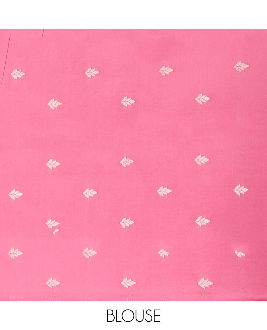 Borderless pink butter silk saree with zari buttas, contrast pallu of intricate designs in zari