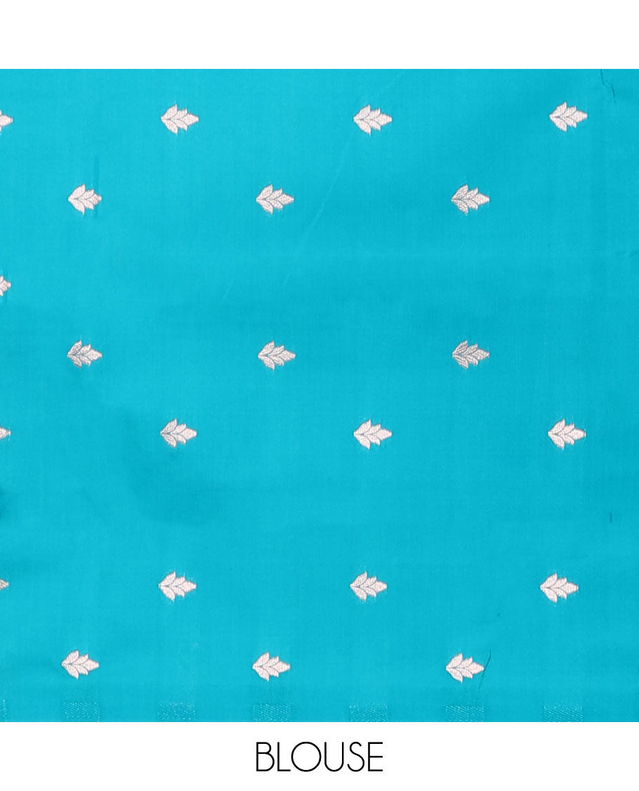 Borderless blue butter silk saree with zari buttas, contrast pallu of intricate designs in zari