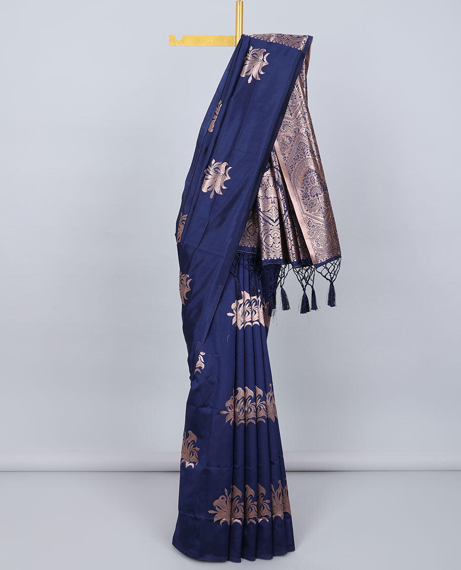 Borderless blue butter silk saree with zari buttas, contrast pallu of intricate designs in zari