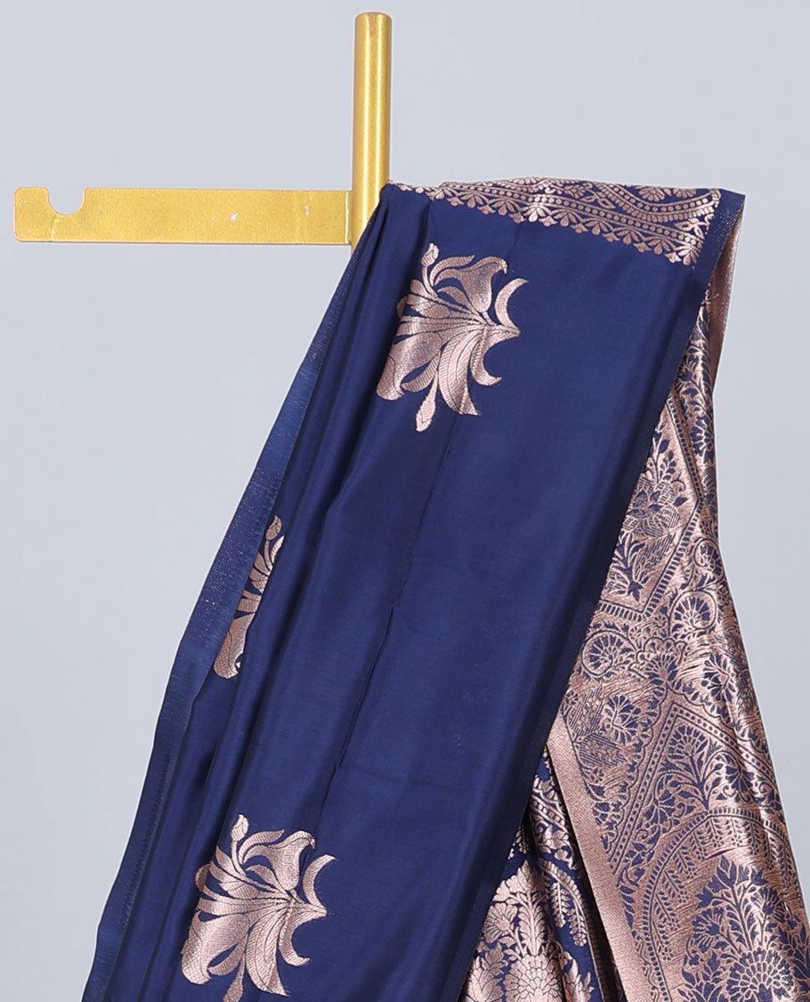 Borderless blue butter silk saree with zari buttas, contrast pallu of intricate designs in zari