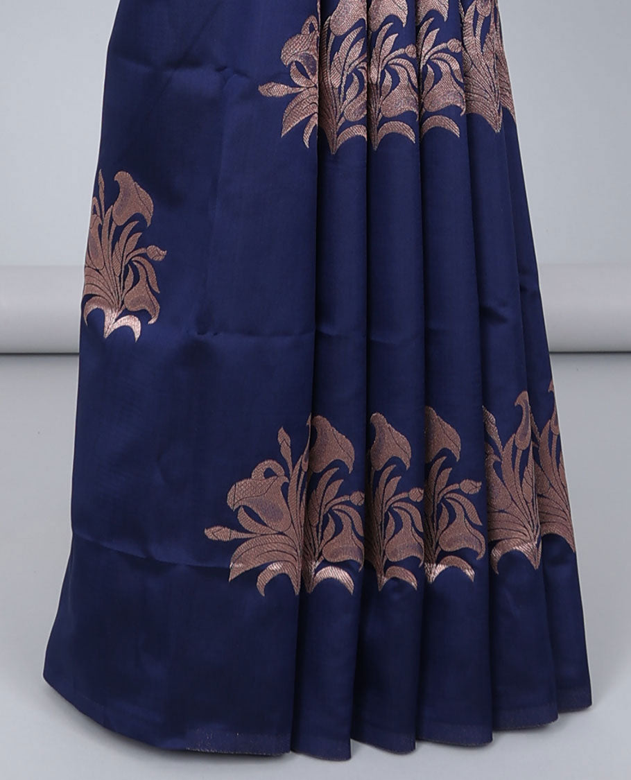 Borderless blue butter silk saree with zari buttas, contrast pallu of intricate designs in zari