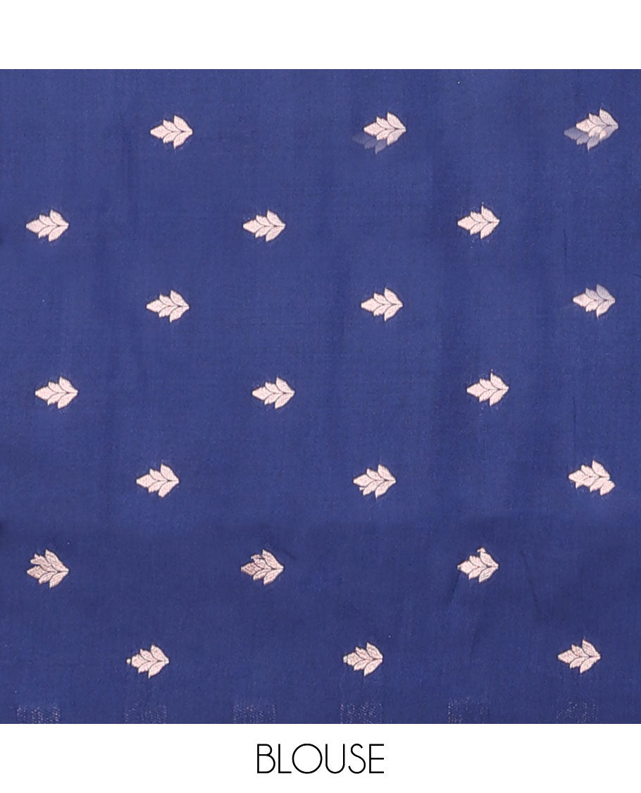 Borderless blue butter silk saree with zari buttas, contrast pallu of intricate designs in zari