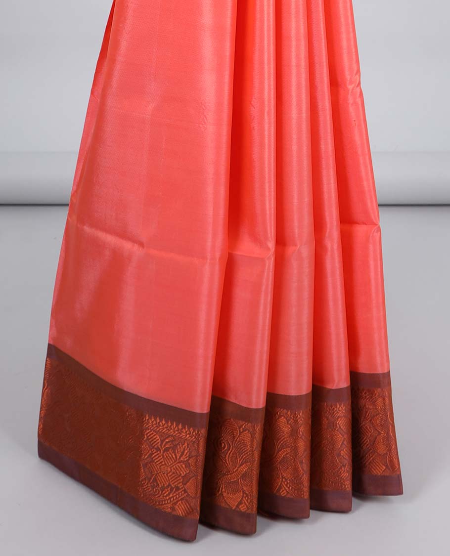 Pink banana pith saree with buttas, contrast floral design border & pallu of stripes