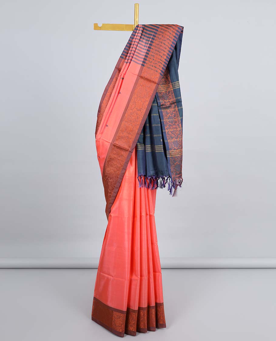 Pink banana pith saree with buttas, contrast floral design border & pallu of stripes