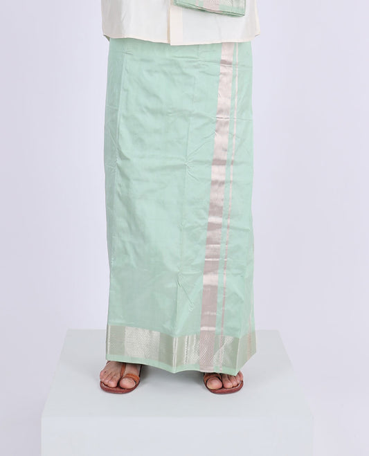 Green Kanchipuram pure silk double-layer dhoti & angavastram with kuyil kann zari border