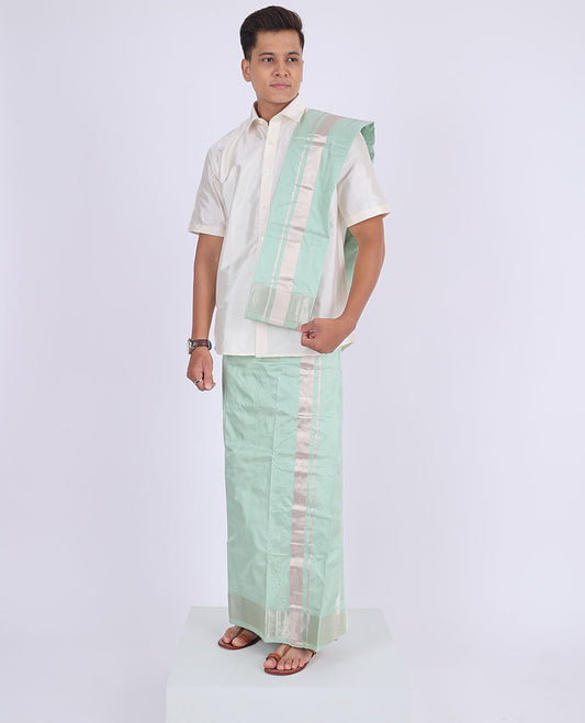 Green Kanchipuram pure silk double-layer dhoti & angavastram with kuyil kann zari border