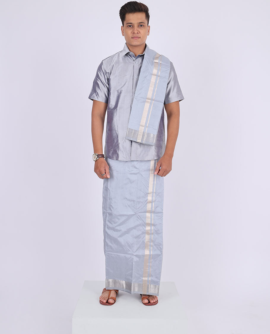 Grey Kanchipuram pure silk double-layer dhoti & angavastram with kuyil kann zari border