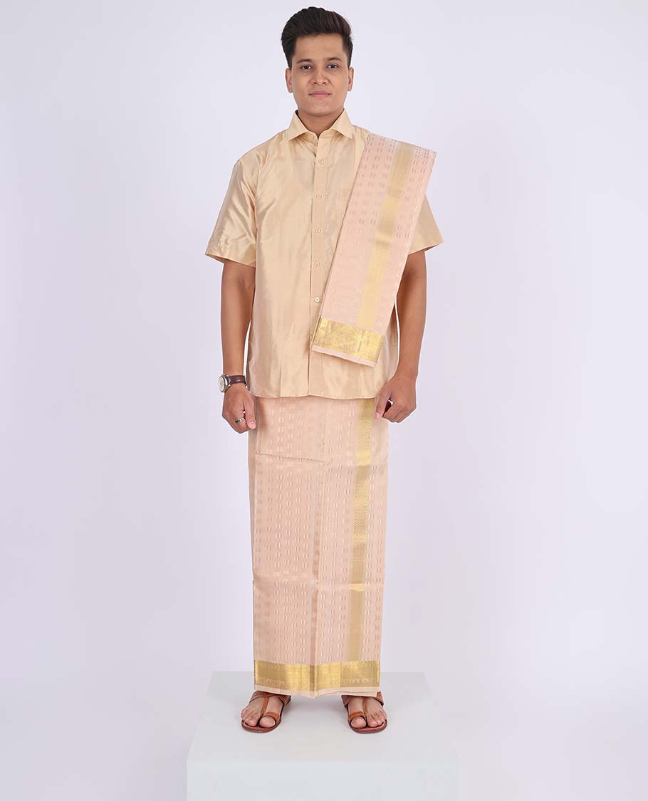 Light rose gold embossed Kanchipuram wedding puresilk double-layer traditional zari border dhoti,zari border angavastram