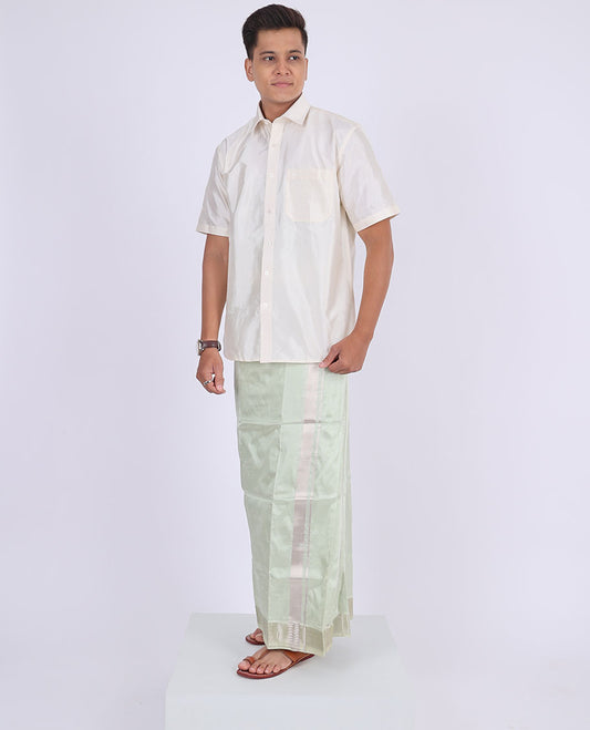 Pale green kanchipuram pure silk double-layer dhoti with kuyil kann zari border