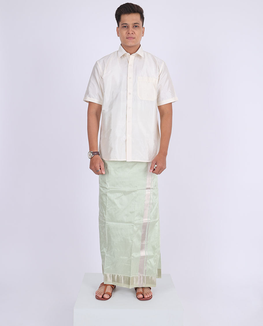 Pale green kanchipuram pure silk double-layer dhoti with kuyil kann zari border