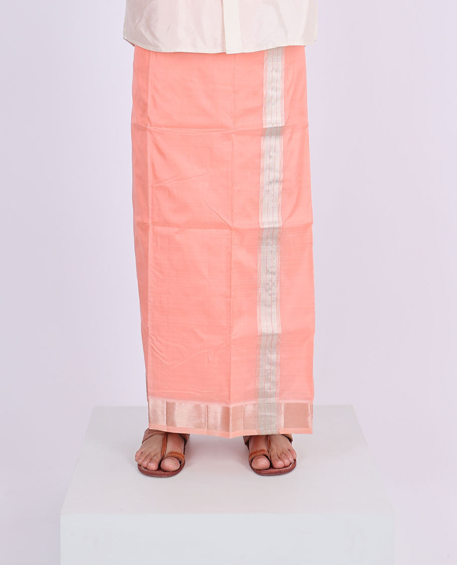 Pink Kanchipuram pure silk double-layer dhoti with kuyil kann zari border