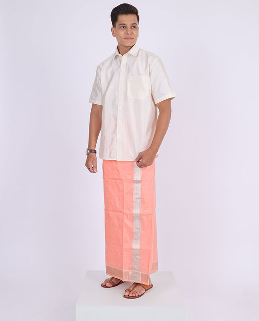 Pink Kanchipuram pure silk double-layer dhoti with kuyil kann zari border