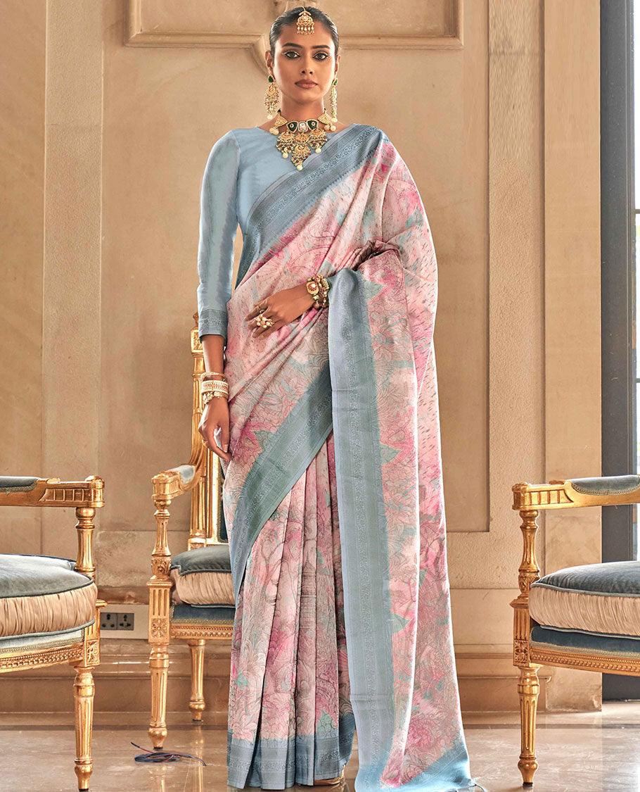 Pink intricate floral & paisley saree, contrast traditional design & pallu of intricate designs
