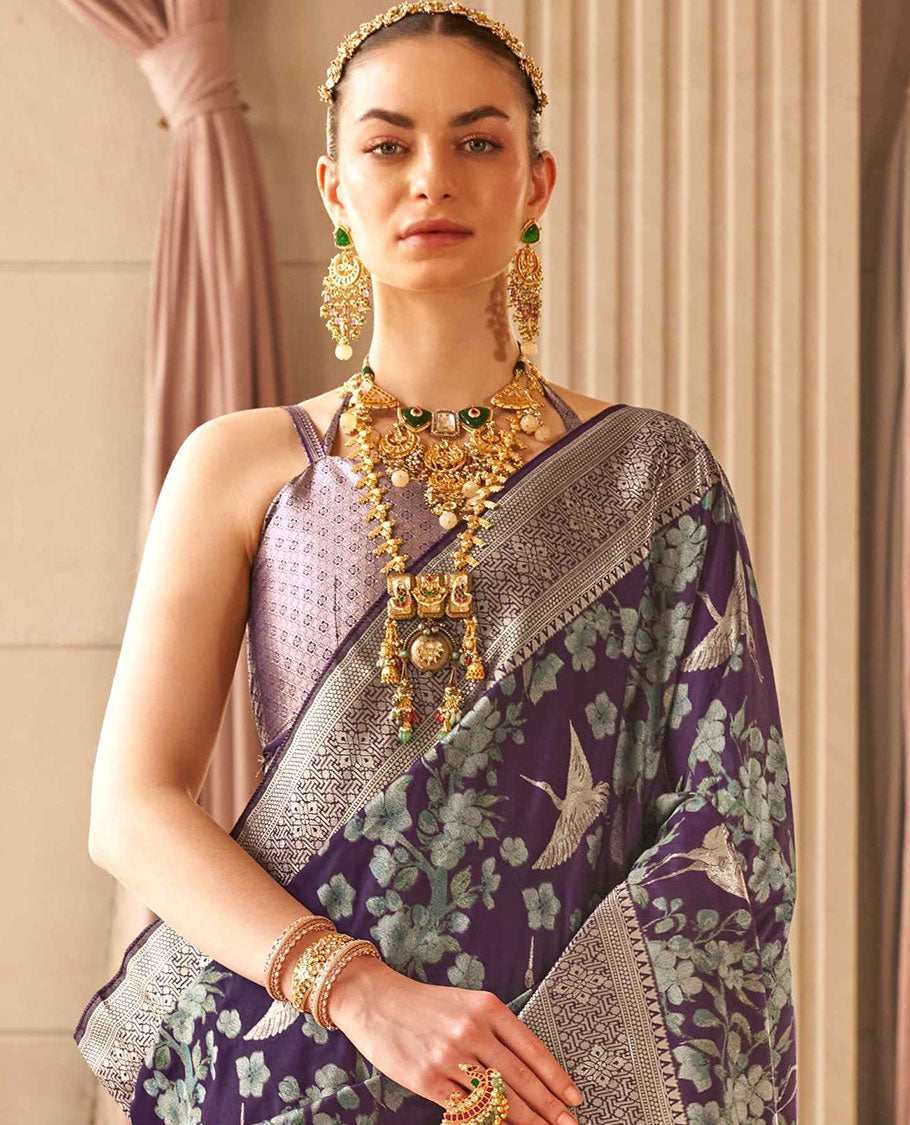 Violet floral & bird printed saree, zari border & pallu of intricate jaal designs