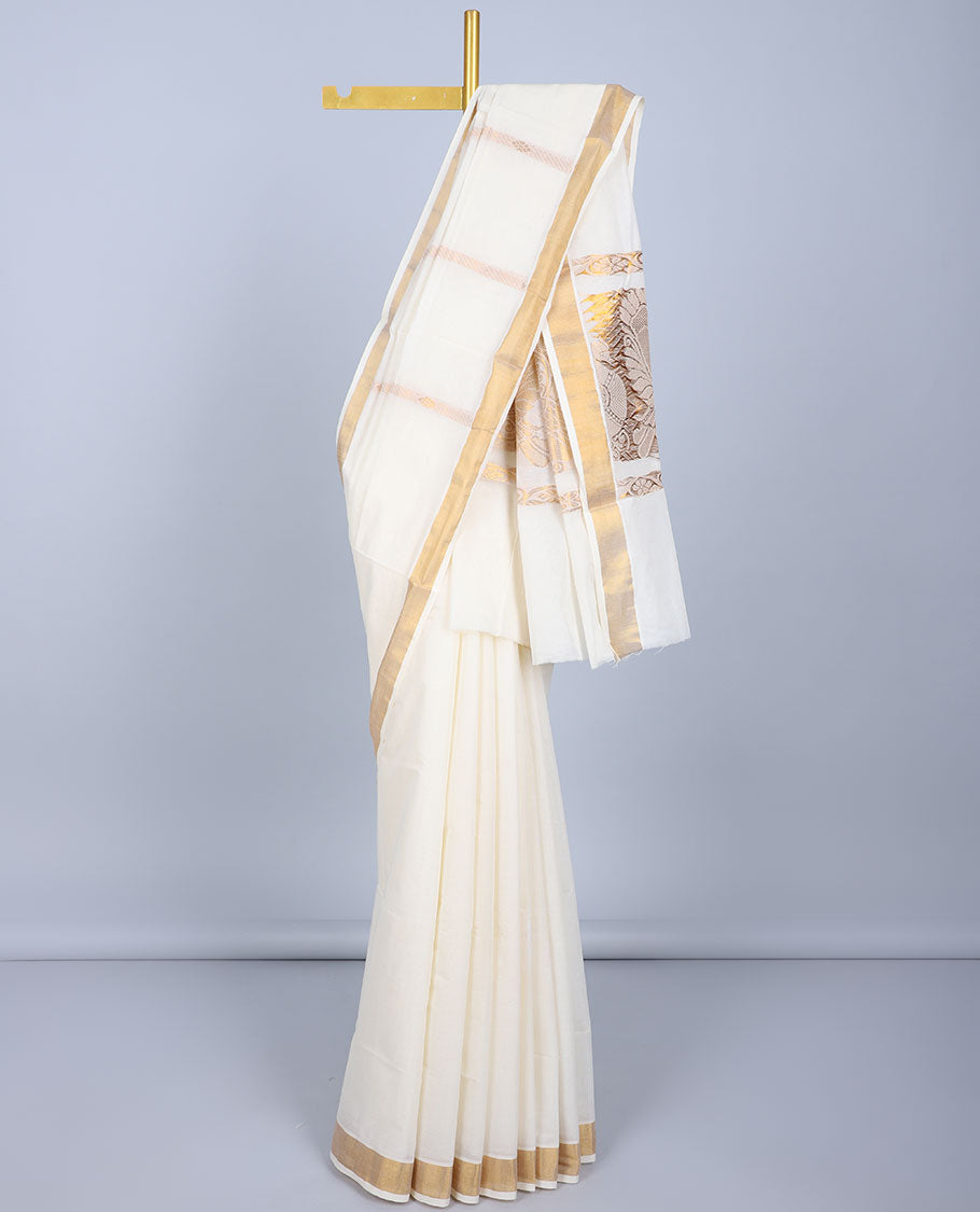Pure Kerala Cotton White Saree with Copper Zari Border and Embroidered Peacock Floral Pallu