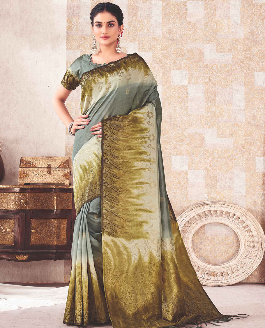 Grey saree with flower buttas, contrast floral border & pallu steeped with floral designs