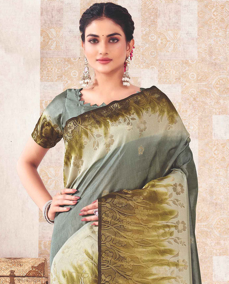 Grey saree with flower buttas, contrast floral border & pallu steeped with floral designs