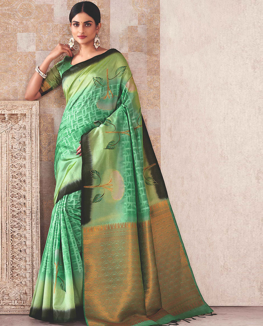 Green floral motifs & geometric patterned saree, floral design border & pallu of intricate designs