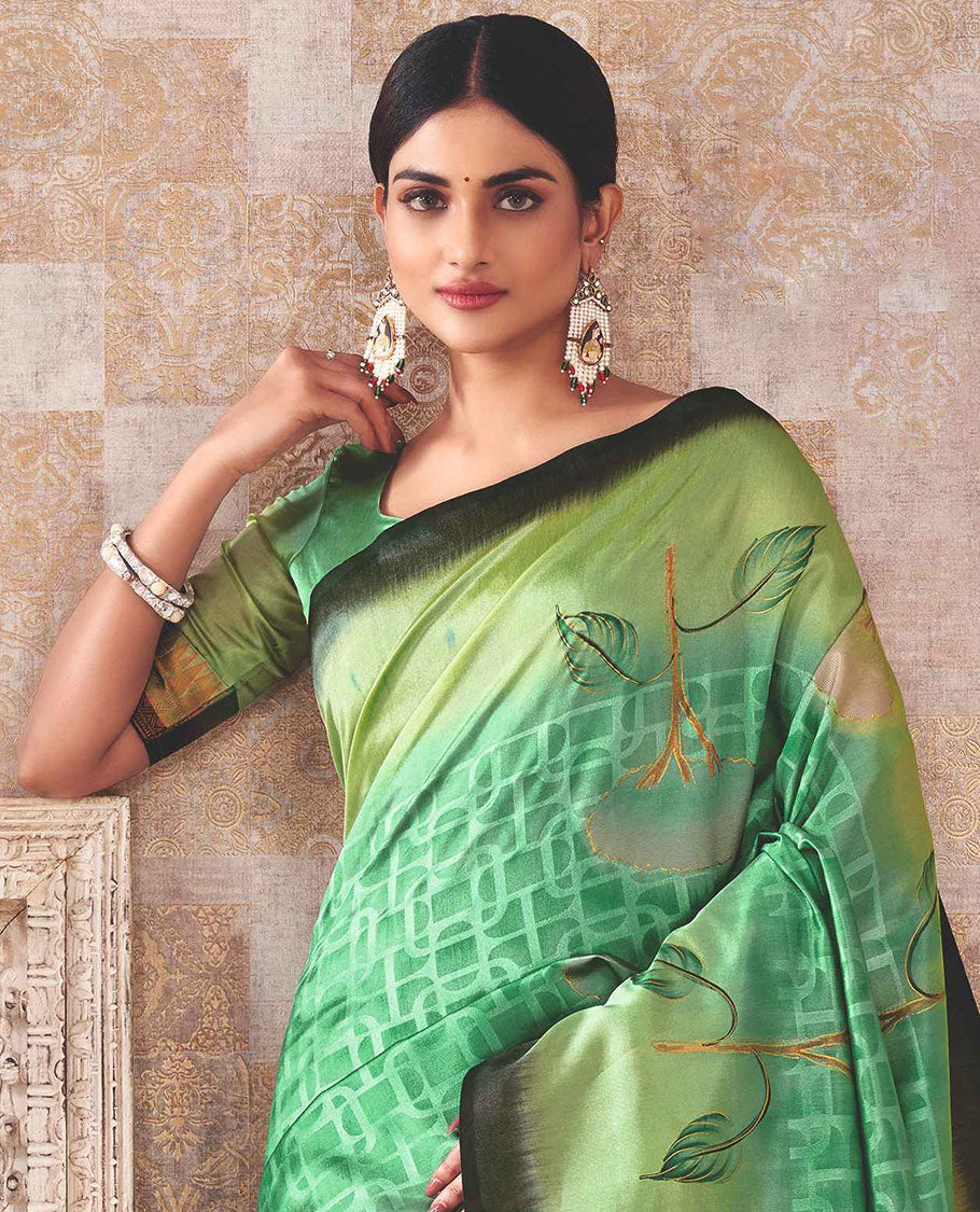 Green floral motifs & geometric patterned saree, floral design border & pallu of intricate designs