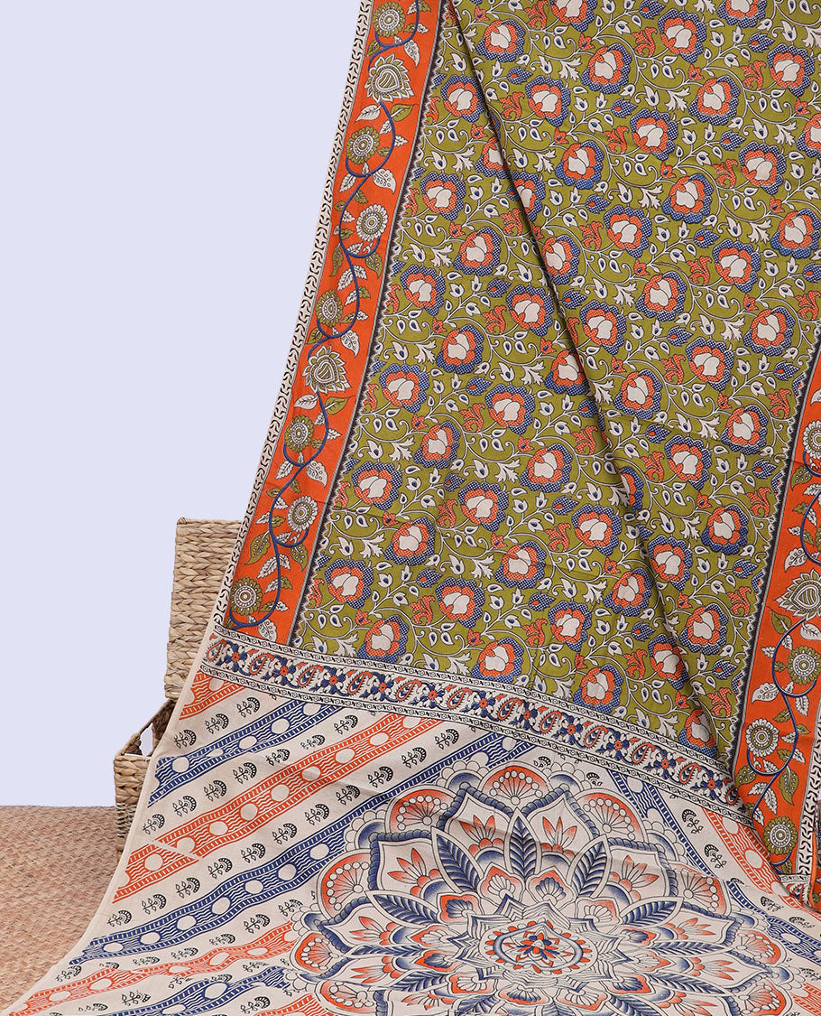 Green floral vine machine-printed kalamkari cotton saree, contrast floral creeper border & pallu of floral designs