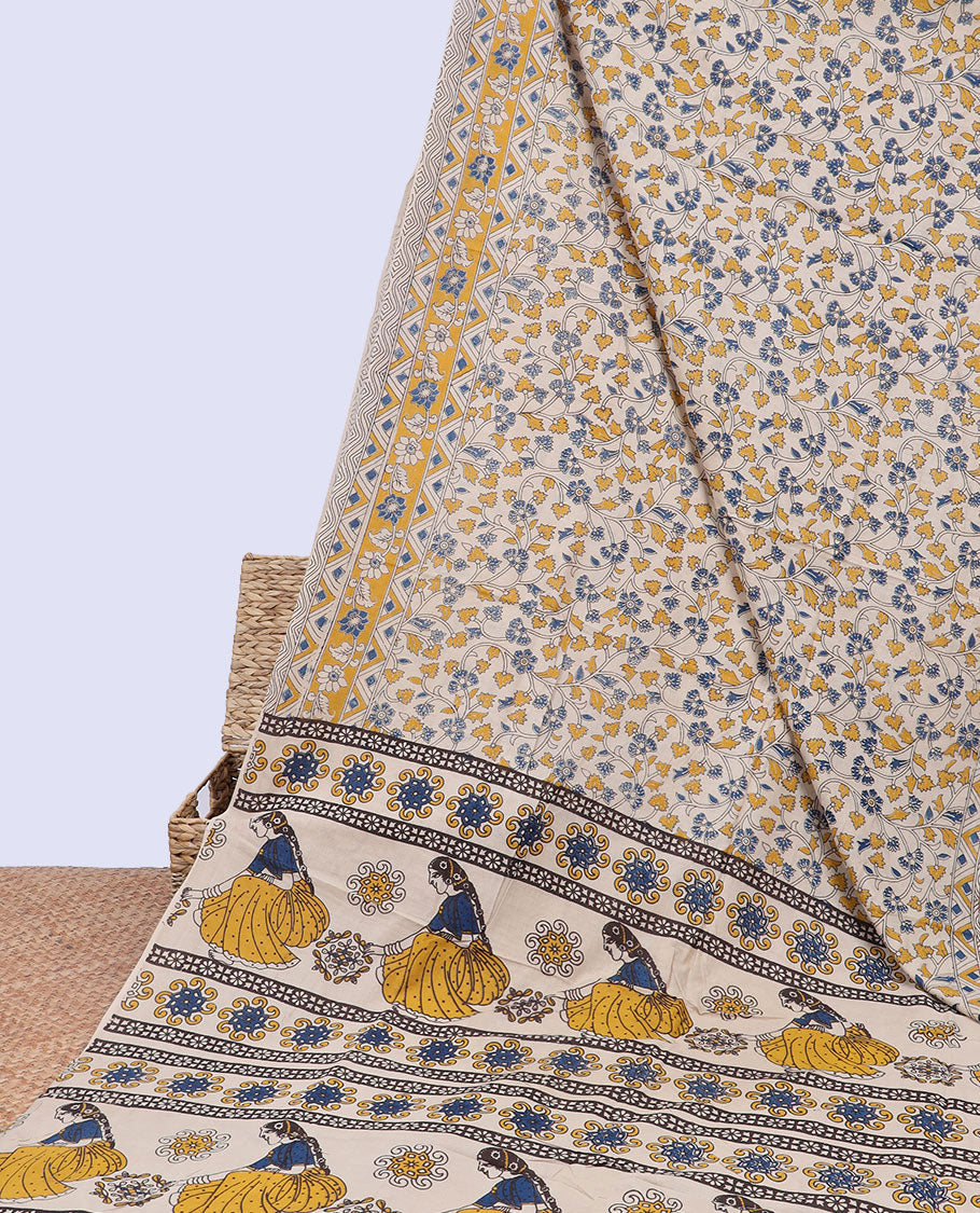 Cream floral vine machine-printed kalamkari cotton saree, floral creeper border & pallu of floral & human motifs