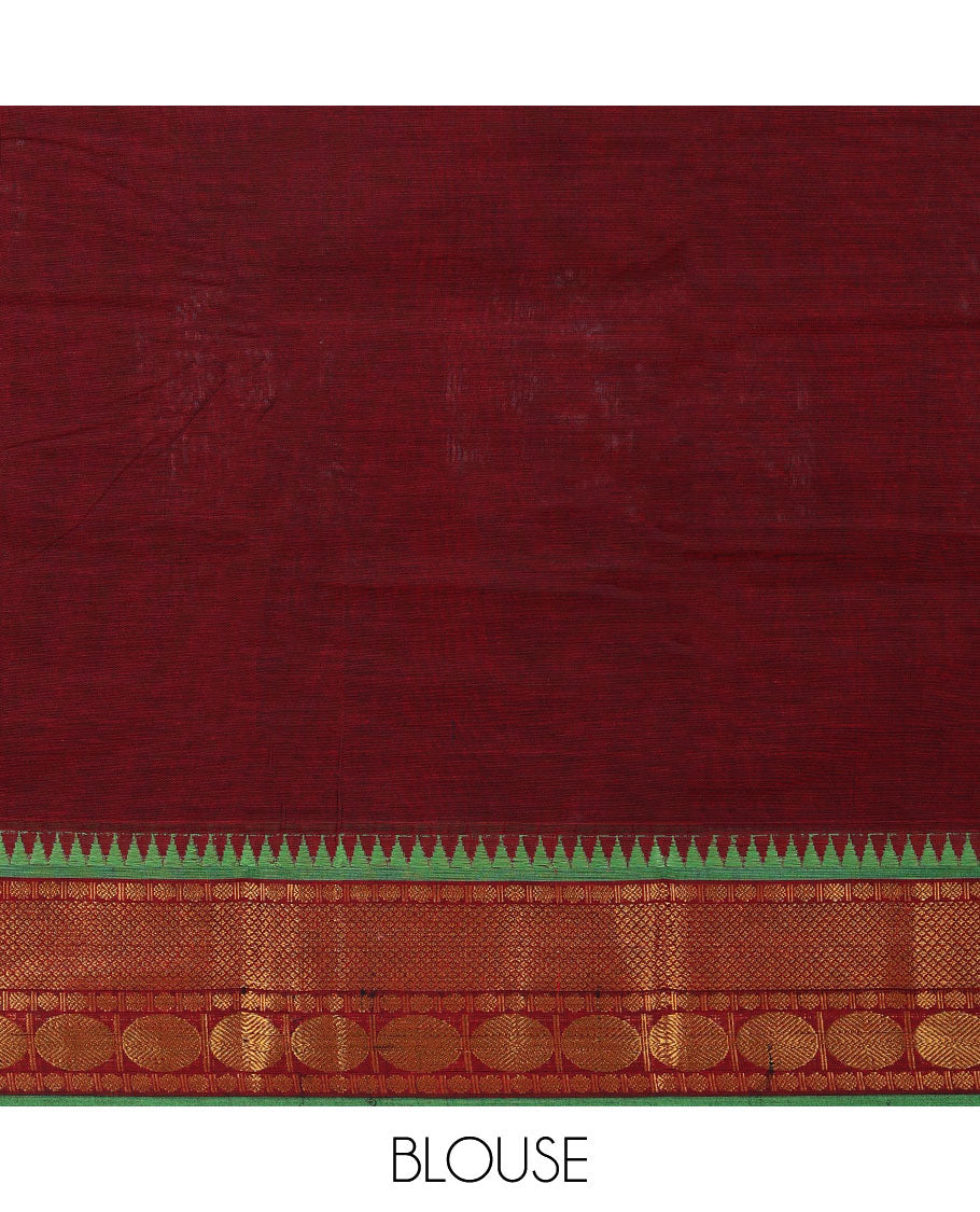 Maroon plain design narayanapet cotton saree, contrast traditional design zari border & pallu of stripes