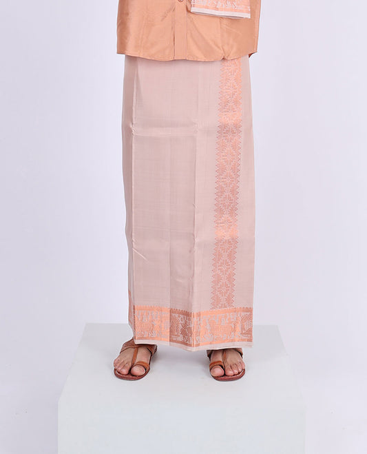 Light grey wedding-theme motifs woven zari border double-layer Kanchipuram wedding pure silk dhoti & angavastram