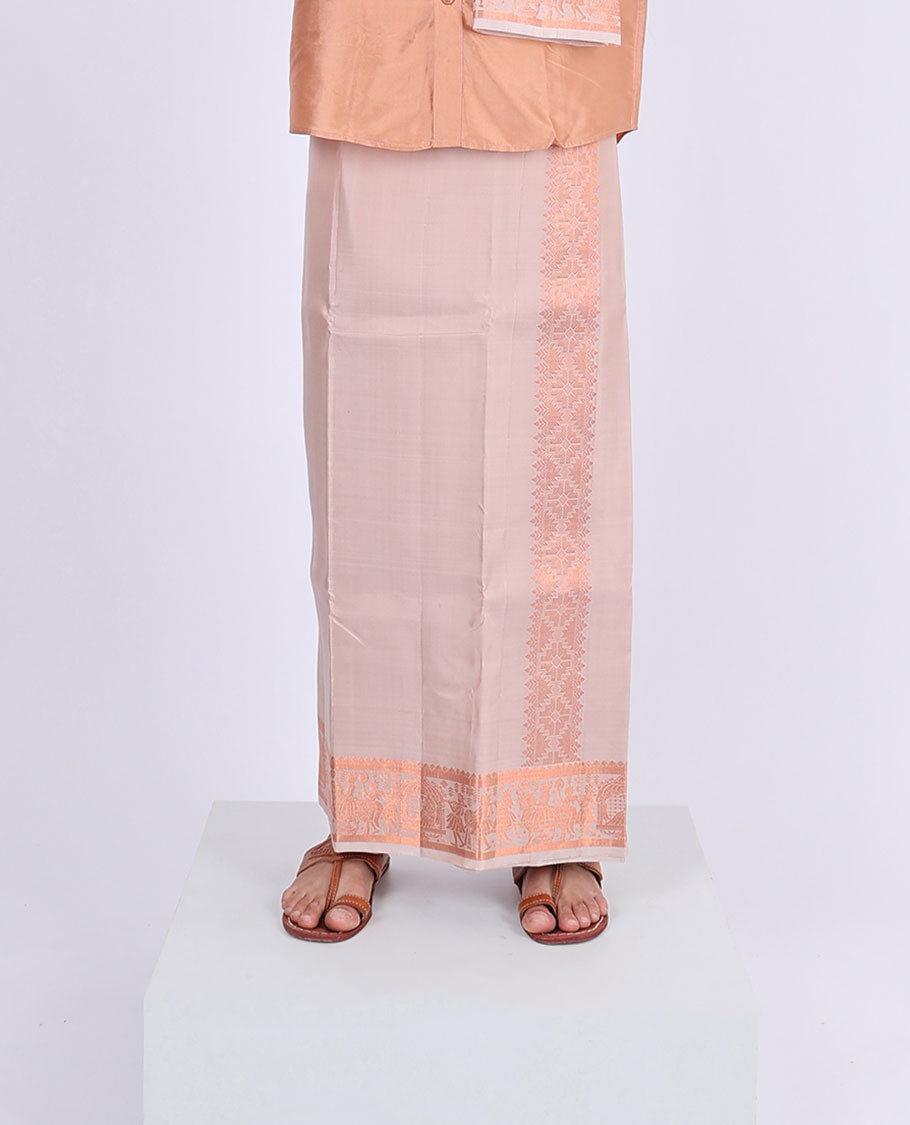 Light grey wedding-theme motifs woven zari border double-layer Kanchipuram wedding pure silk dhoti & angavastram