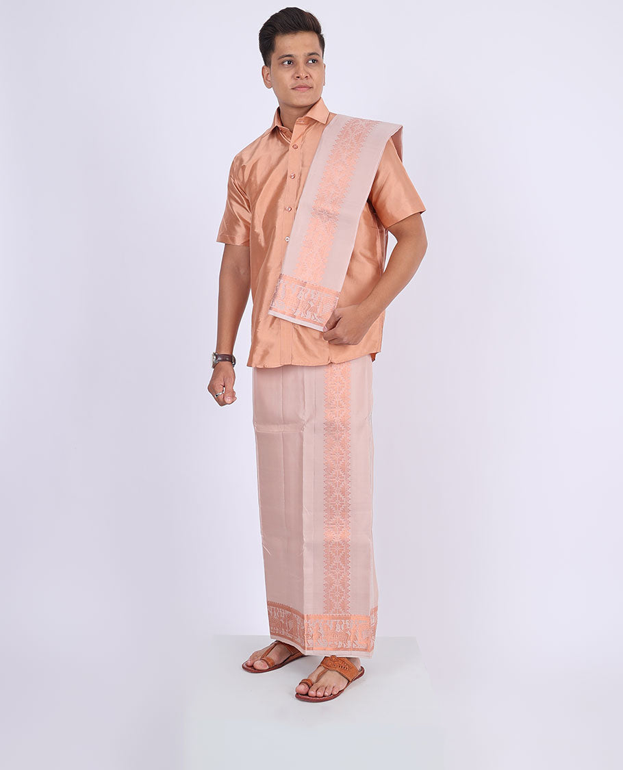Light grey wedding-theme motifs woven zari border double-layer Kanchipuram wedding pure silk dhoti & angavastram