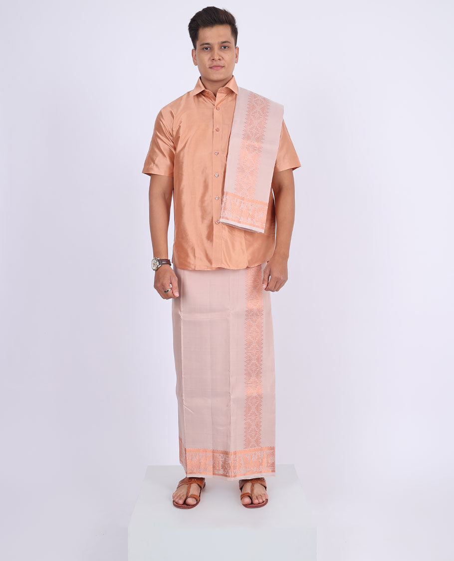 Light grey wedding-theme motifs woven zari border double-layer Kanchipuram wedding pure silk dhoti & angavastram