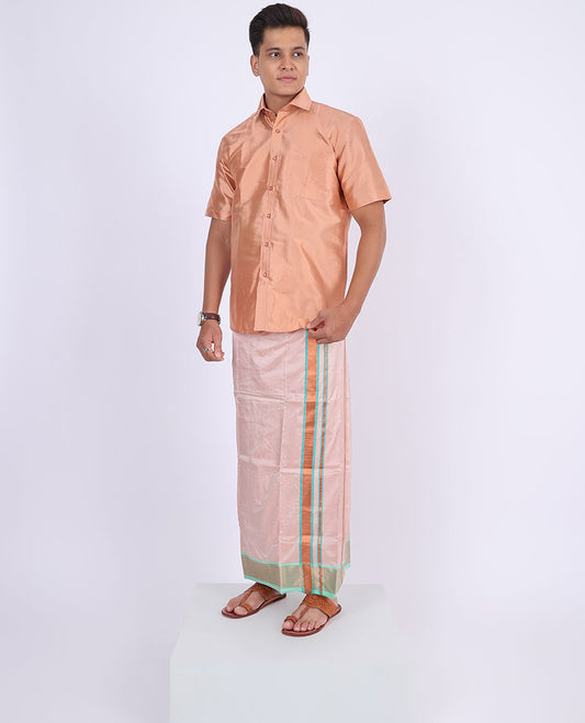 Pink zari border double-layer kanchipuram wedding pure silk dhoti