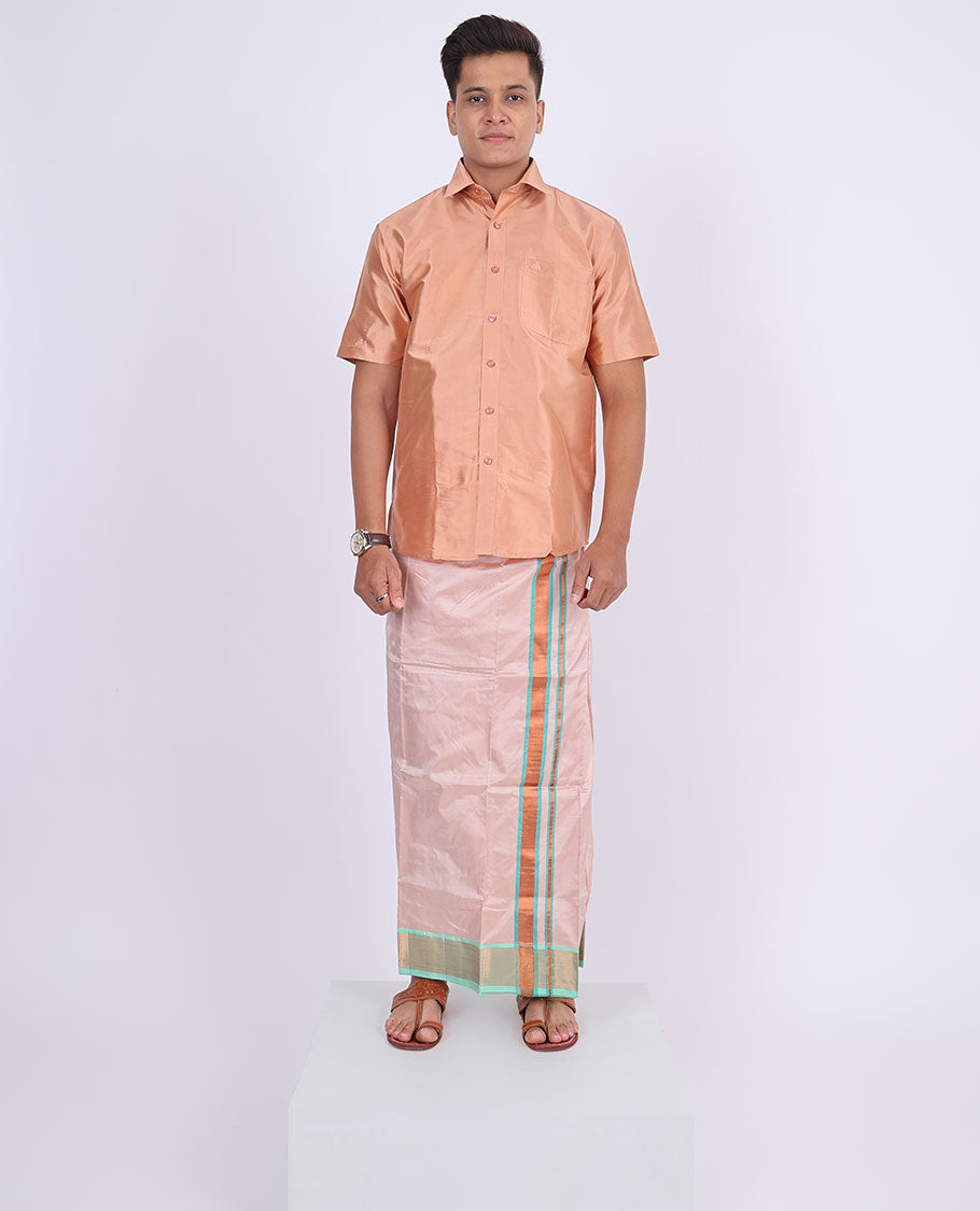 Pink zari border double-layer kanchipuram wedding pure silk dhoti