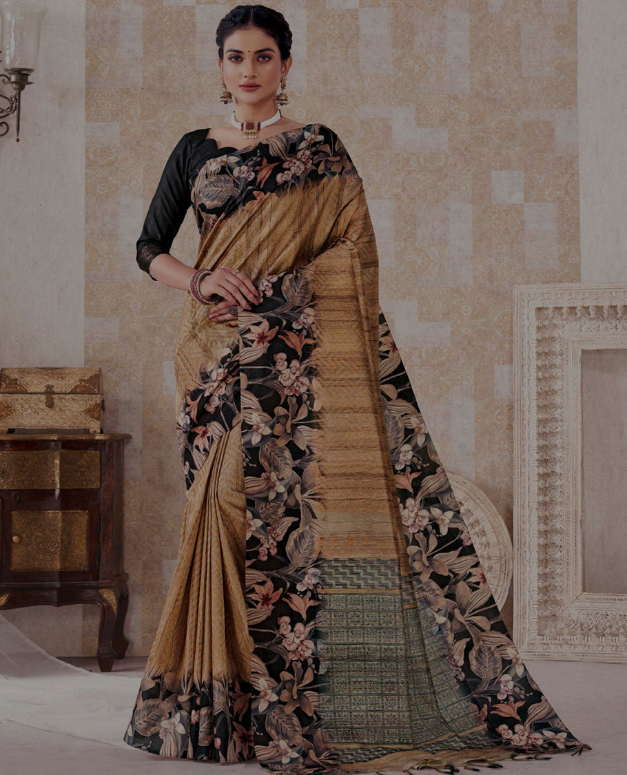 Mustard geometric printed saree, contrast floral printed border & pallu of butta enclosed checked design