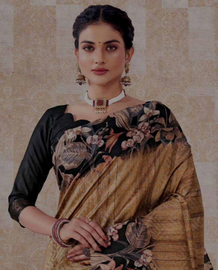 Mustard geometric printed saree, contrast floral printed border & pallu of butta enclosed checked design