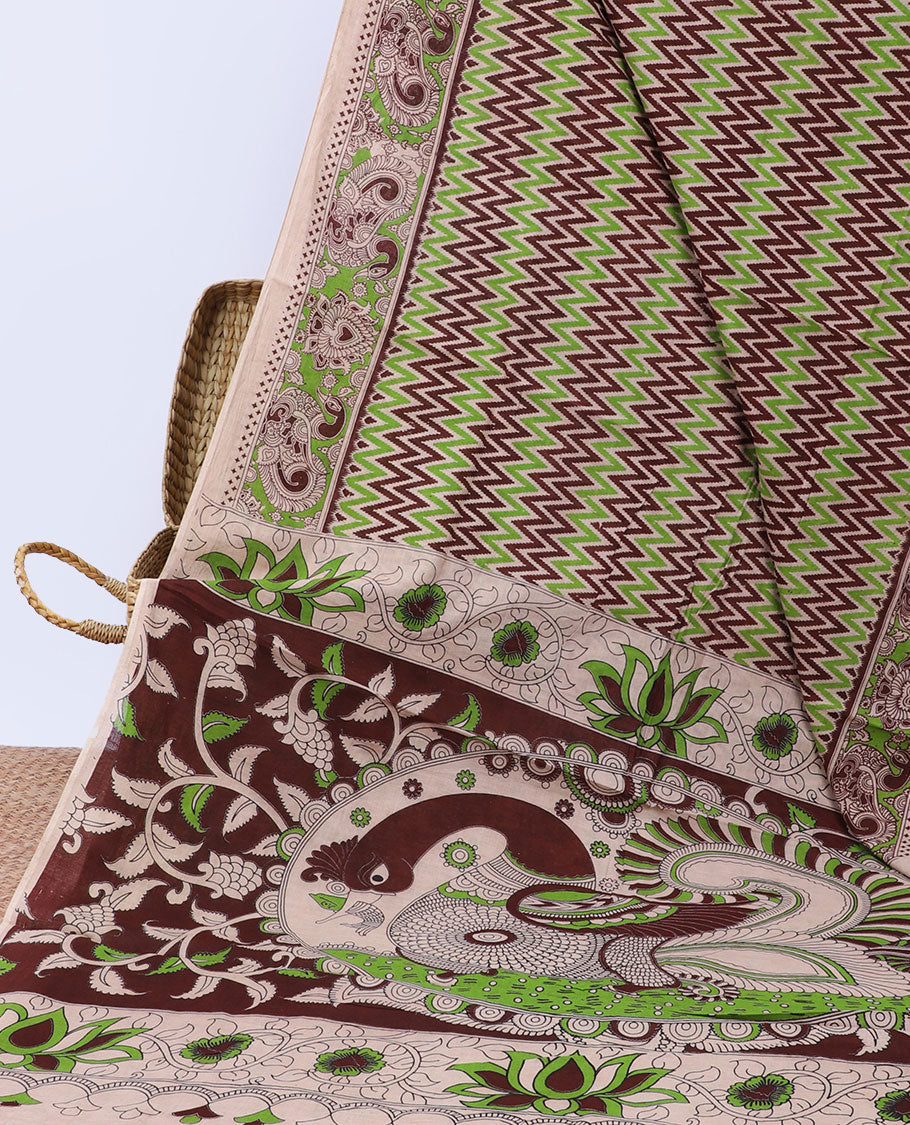 Multi-color chevron stripes machine-printed kalamkari cotton saree, peacock border & pallu of floral & peacock