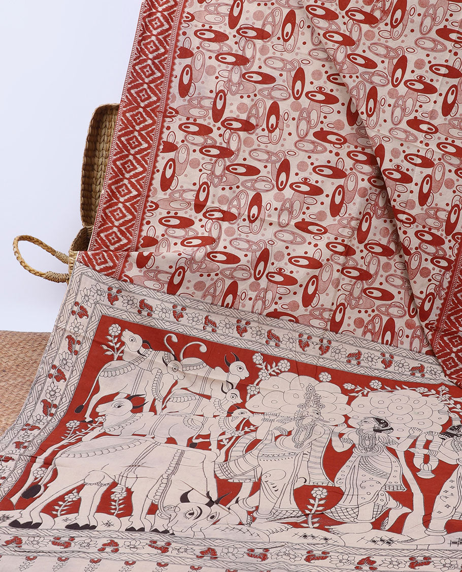 Maroon geometric machine printed kalamkari cotton saree, diamond border & pallu of pichwai cow & Radha Krishnan motifs