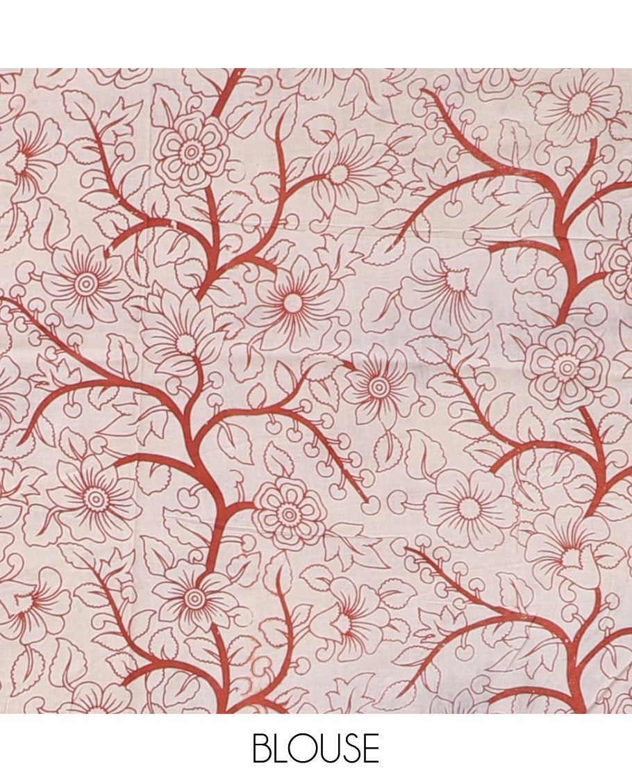 Maroon geometric machine printed kalamkari cotton saree, diamond border & pallu of pichwai cow & Radha Krishnan motifs