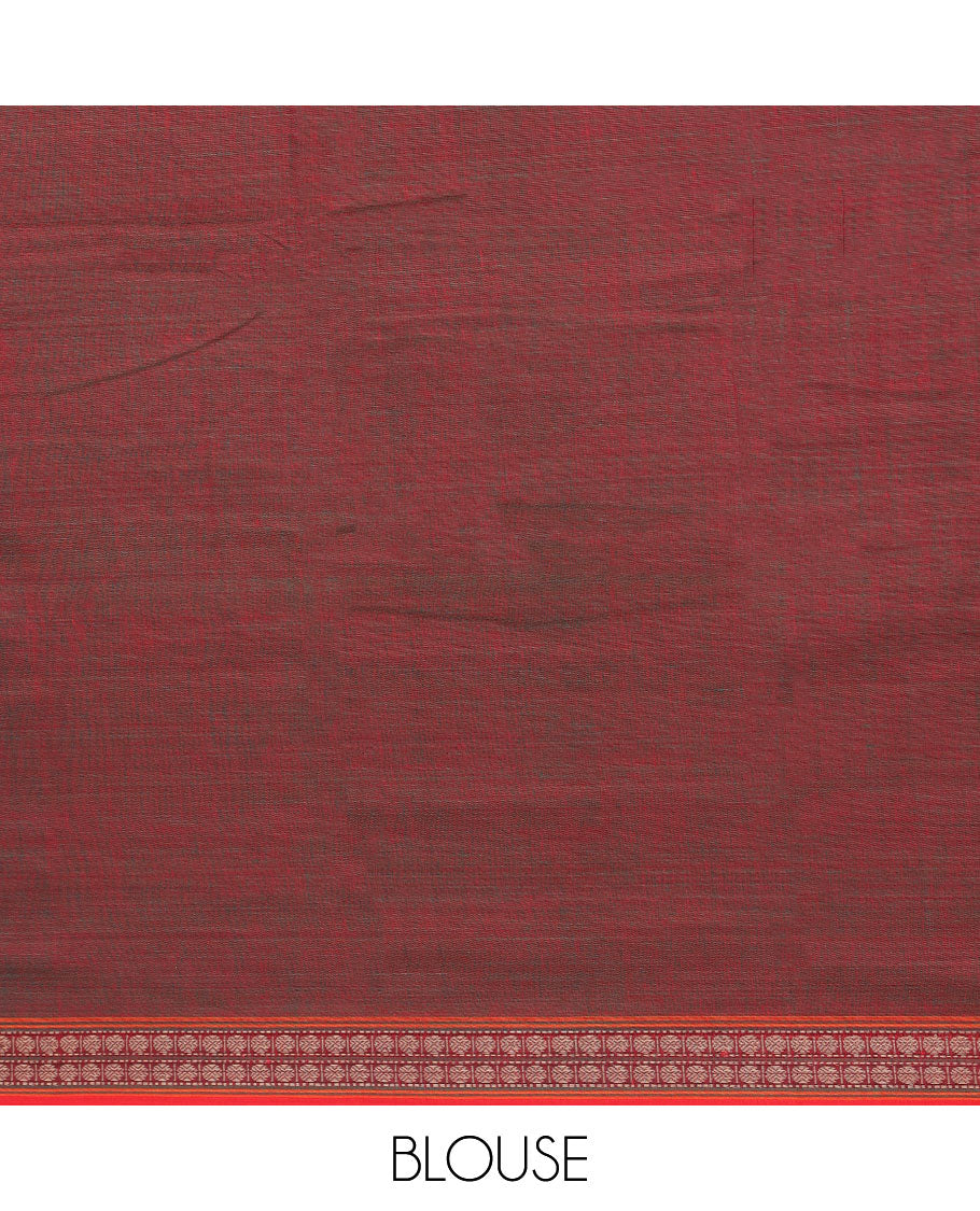 Maroon plain design narayanapet cotton saree, contrast rettai pettu traditional design zari border & pallu of stripes
