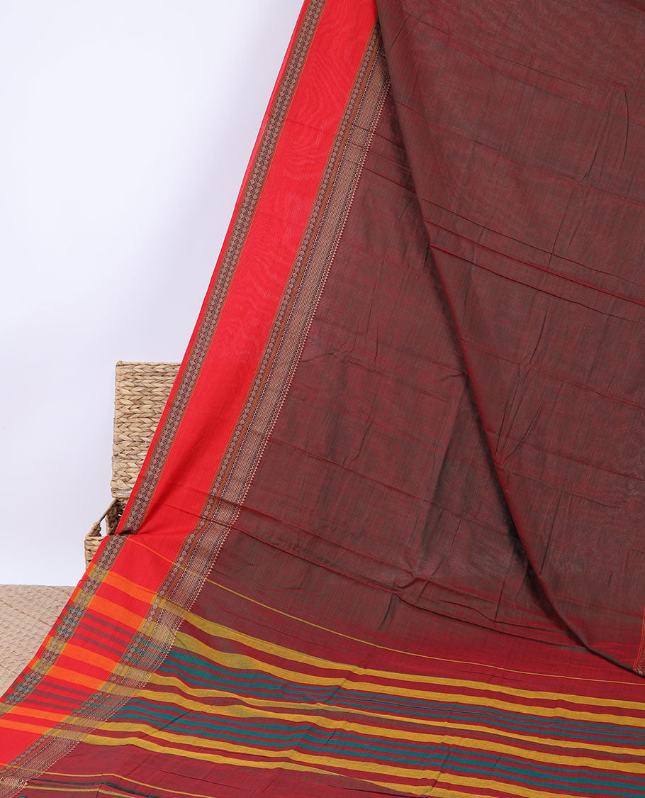 Maroon plain design narayanapet cotton saree, contrast rettai pettu traditional design zari border & pallu of stripes