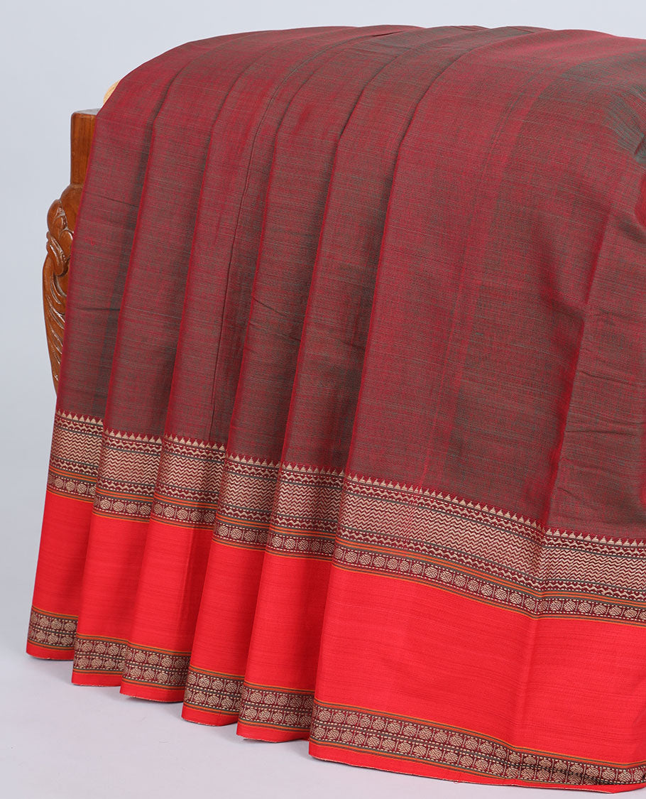 Maroon plain design narayanapet cotton saree, contrast rettai pettu traditional design zari border & pallu of stripes