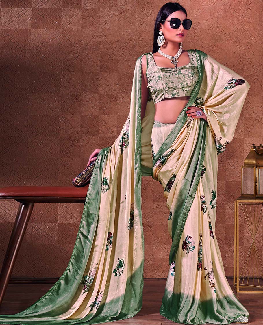 Cream floral motifs printed designer catalog saree, contrast gleaming green plain border