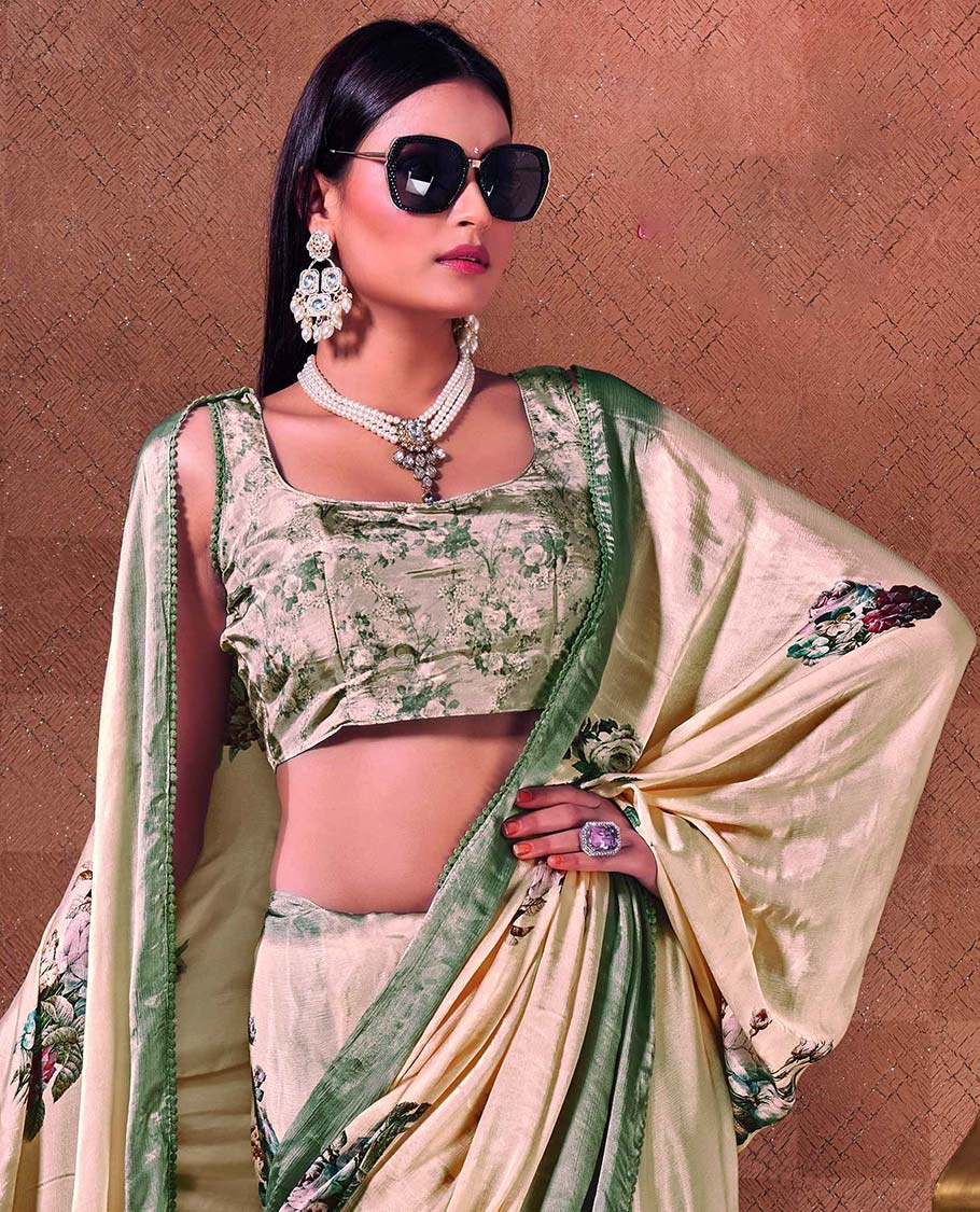 Cream floral motifs printed designer catalog saree, contrast gleaming green plain border