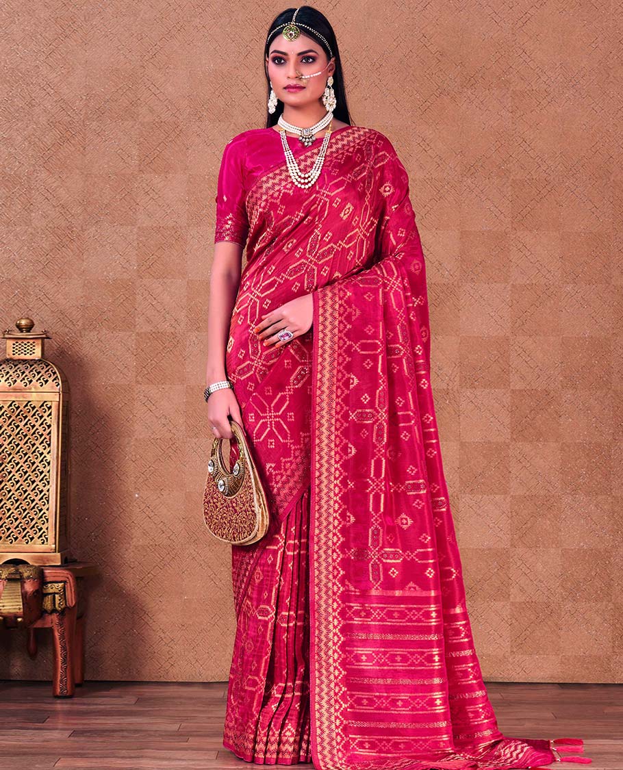 Pink geometric patterned designer catalog saree, stone work border & pallu of intricate designs