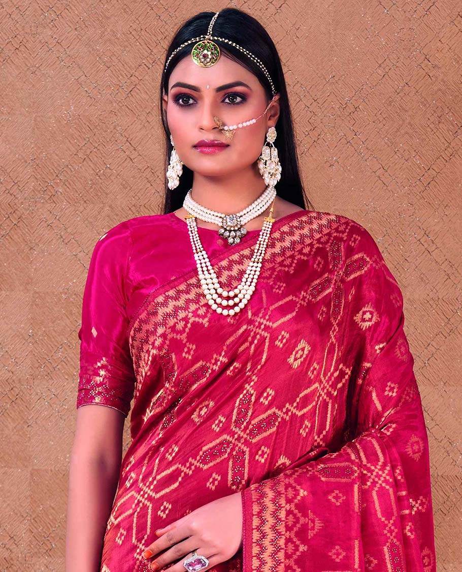 Pink geometric patterned designer catalog saree, stone work border & pallu of intricate designs