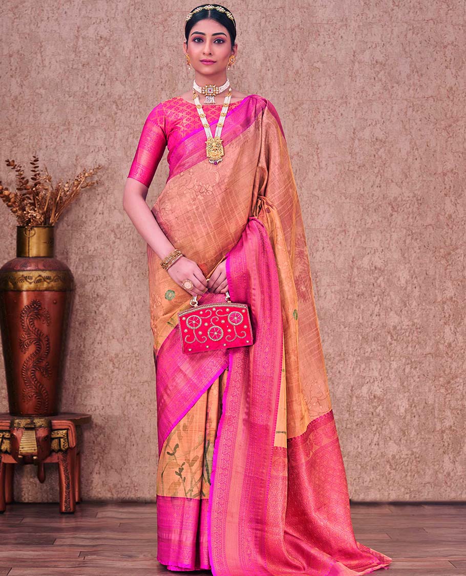 Orange checked & floral printed designer catalog saree, contrast zari border & pallu of jaal designs