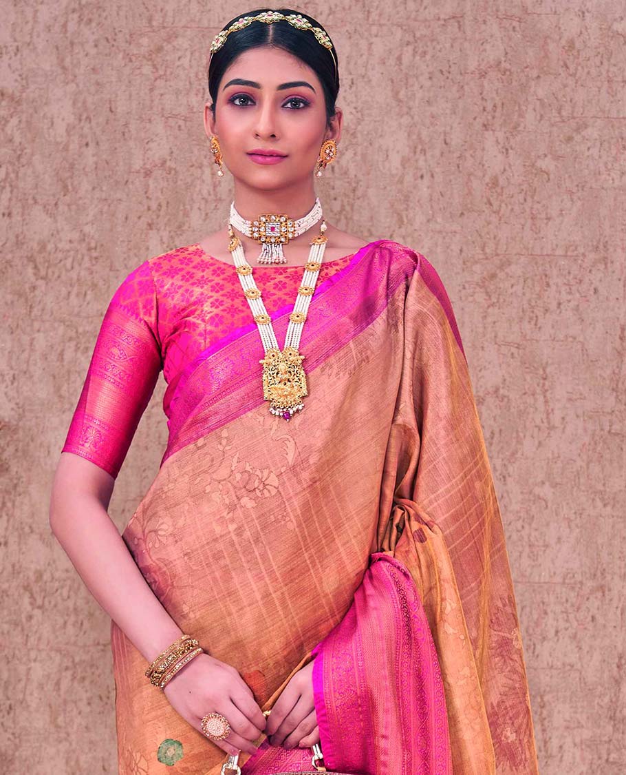 Orange checked & floral printed designer catalog saree, contrast zari border & pallu of jaal designs