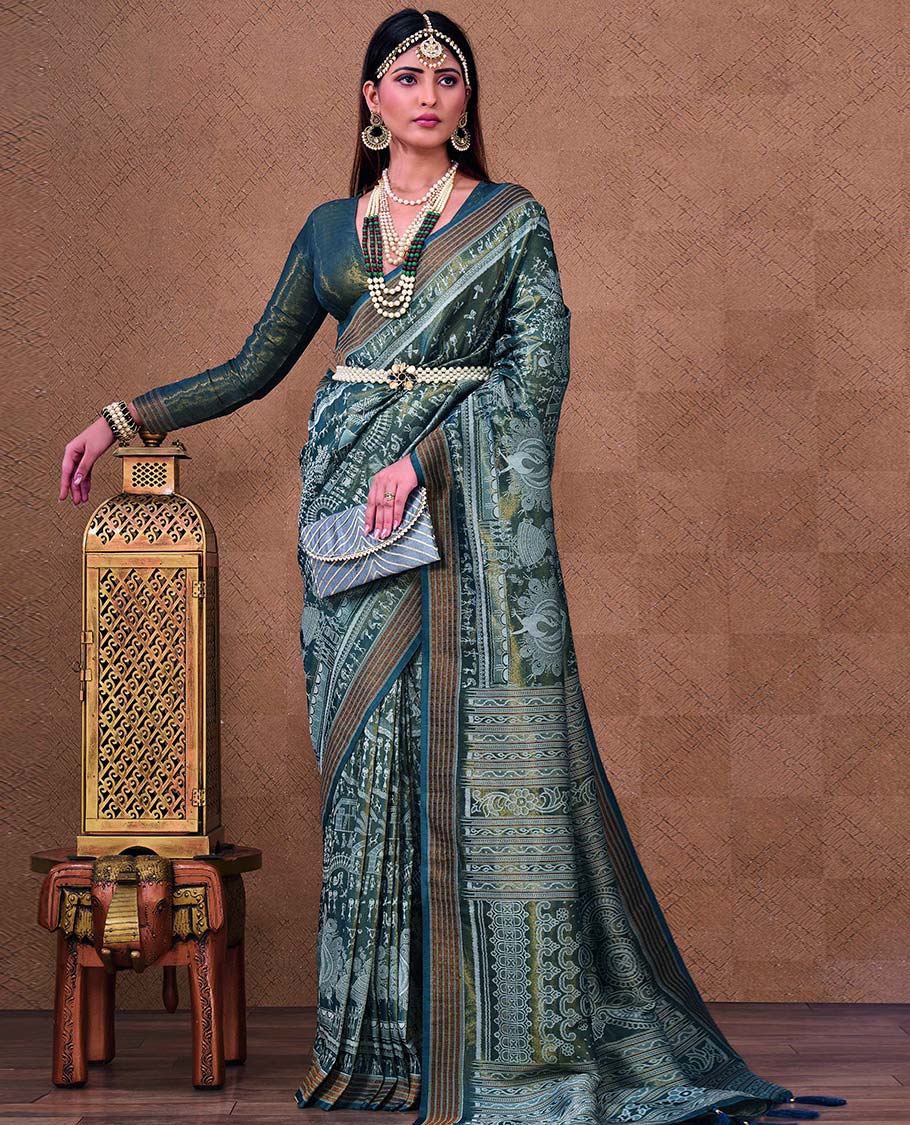 Blue village & natural-theme warli motifs featured designer catalog saree, self-border & pallu of intricate designs