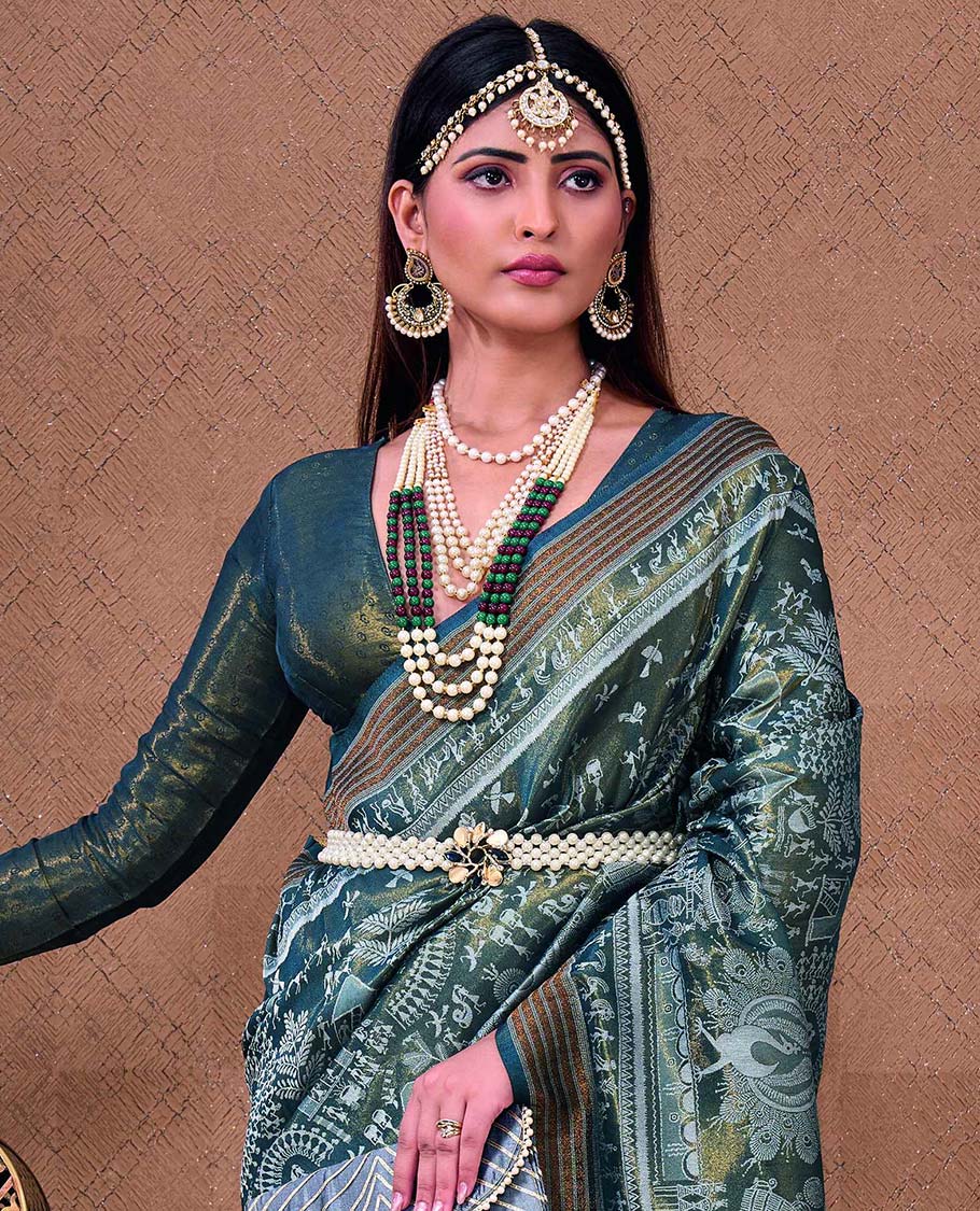 Blue village & natural-theme warli motifs featured designer catalog saree, self-border & pallu of intricate designs